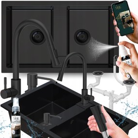 Mosogató Kétrekeszes Gránit Fekete Kihúzható Csaptelep Kifolyócső adagoló