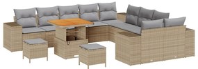 13 darabos Kert Sofa Szett Párnákkal Bézs Poli Rattan Akáciával, 3 darabos Kert Étkező Szett Párnákkal Bézs Poli Rattan Akáciával