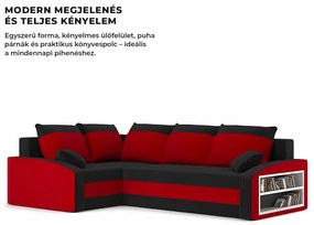 Grande sarokkanapé polcokkal , polc a jobb karfaban, baloldali, szövet anyag, hab töltet, fekete - piros