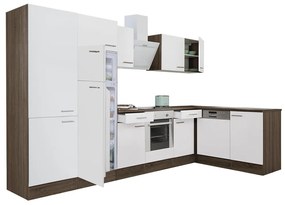 Yorki 340 sarok konyhablokk yorki tölgy korpusz,selyemfényű fehér front alsó sütős elemmel polcos szekrénnyel, felülfagyasztós hűtős szekrénnyel