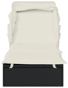 Fekete polyrattan napozóágy összecsukható tetővel 213x63x97 cm
