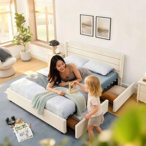 Franciaágy, 140*200 cm, zsenília Kárpitozott ágy 4 fiókkal Bézs