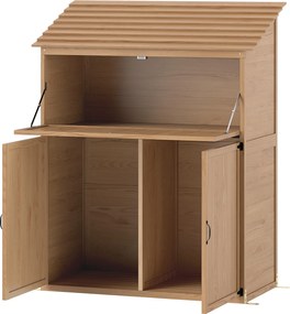 Outsunny Fa Kerti Szekrény, Eszköztároló Lépcsős Tetővel, Összecsukható Asztallal és Dupla Ajtóval 110 x 54 x 136 cm, Időjárásálló Tárolószekrény, Ker