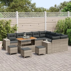 12 részes kerti kanapékészlet párnákkal, szürke poli rattan akáccal, 3 részes kerti étkező készlet párnákkal, szürke poli rattan akáccal