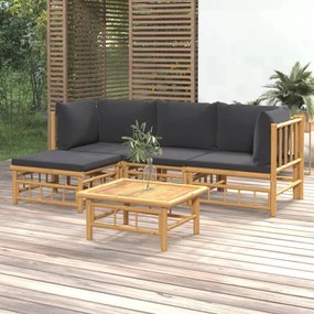 5 részes bambusz kerti ülőgarnitúra sötétszürke párnákkal