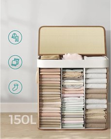 Bambusz szennyeskosár 3 rekesszel, fedéllel és fogantyúkkal, 150 literes