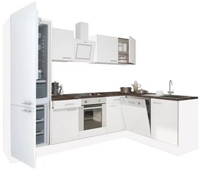 Yorki 280 sarok konyhabútor fehér korpusz,selyemfényű fehér front alsó sütős elemmel alulagyasztós hűtős szekrénnyel
