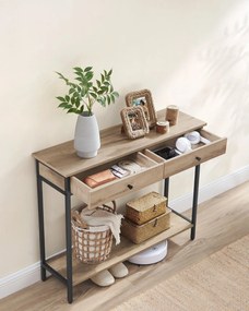 Fémvázas konzolasztal 2 fiókkal, ipari dizájn, tevebarna-fekete színben