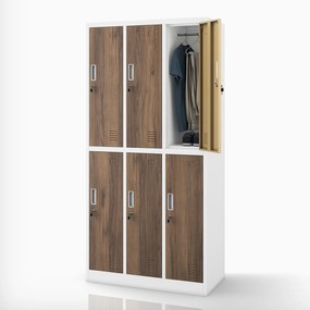 IGOR fehér / dió színű, 6 ajtós Eco Design BHP öltözőszekrény, 900 x 1850 x 450 mm
