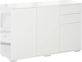 HOMCOM Nappali Tálaló 3 Ajtóval, 2 Fiókkal és Állítható Polccal Konyhába és Hálószobába - Antitipli, 117x36x74 cm Magas Fényű Fehér | Aosom