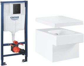 Set WC csésze Grohe Cube Ceramic 3924500H, falsík alatti keret öblítőgombbal Grohe Solido 38811KF0, 39488000