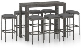 9 részes szürke polyrattan kerti bárszett párnákkal