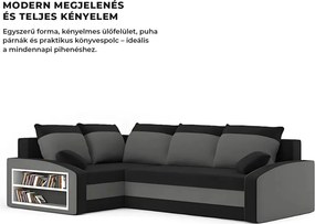 Grande sarokkanapé polcokkal , polc a bal karfaban, baloldali, szövet anyag, bonell töltet, fekete - szürke