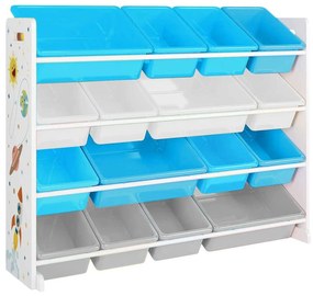 SONGMICS Nagy játéktároló, játékrendező 16 kivehető muanyag tárolóval fehér, kék és szürke