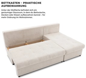 Venezia sarokkanapé, kordbársony, univerzális oldal, bonell töltet, bézs