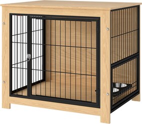 PawHut Modern Kutyaketrec Oldaltábla Háziállat Ház 2 Ajtóval Forgatható Állvánnyal és 2 Tálkával Közepes Kutyák számára 80x60x68 cm Tölgy | Aosom