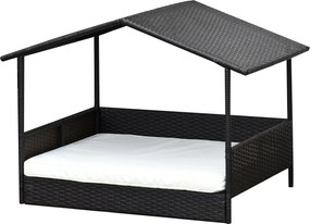 PawHut Rattan Kutyaház Tetővel, Emelt Kutyafekhely Kisméretű és Közepes Méretű Kutyák Számára, Hűsítősállás Fém Vázon, Kinti Kutyafekhely, 69 x 98 x 7
