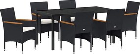 vidaXL Kert étkező szett párnával 7 pcs Fekete polirattan