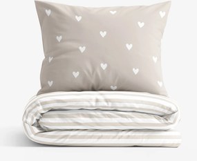 Goldea pamut ágyneműhuzat - szívecskék, latte színű csíkos hátoldal 140 x 200 és 70 x 90 cm