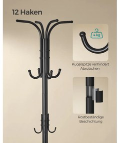 Álló fém ruhafogas, esernyőtartóval, 12 akasztóval, fekete 175 cm magas
