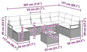 9 darabos kerti kanapé szett párnákkal szürke poli ratán, 2 személyes kerti kanapé párnákkal szürke poli ratán