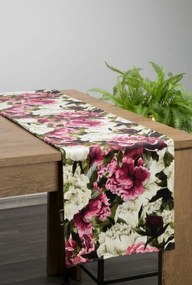Fehér-rózsaszín virágmintás bársony asztali futó 35x140 cm