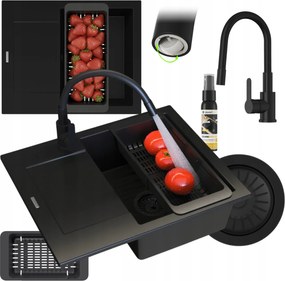 Gránit mosogató fekete egymedencés Jobbos Bello mosogató csaptelep szett