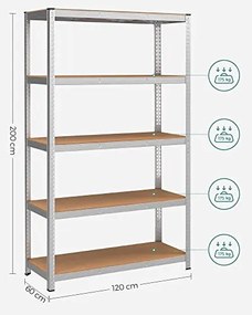 5 szintes polcrendszer, acél polcrendszer tároláshoz, teherbírás 875 kg, 60 x 120 x 200 cm, ezüst