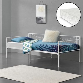 [en.casa] Fémkeretes ágy Alvesta 90x200 cm egyszemélyes dizájn ágykeret hideghabos matraccal ágyráccsal acélváz fehér, matt