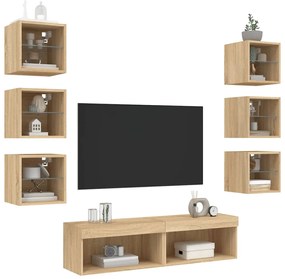 8 darab füstös tölgy színű szerelt fa TV-bútor LED-del