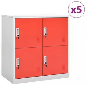 5 db világosszürke-piros acél zárható szekrény 90x45x92,5 cm