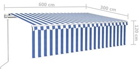 kék és fehér redőnyös, szélérzékelős, LED-es napellenző 6x3 m