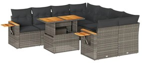 9 részes szürke polyrattan akácfa kerti ülőgarnitúra párnákkal