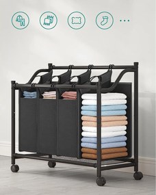 Szennyeskosár görgőkkel 4 x 35l, 4 kivehető táskával, fekete