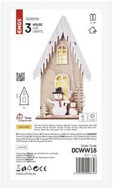 LED dekoráció, fa – házikó hóemberekkel, 28,5 cm, 2x AA, beltéri, meleg fehér, időzítő