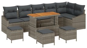 9 darabos kertiszófa szett párnákkal szürke poli rattan akáccal, 2 fős kertiszófa párnákkal szürke poli rattan, 3 darabos kertészeti étkező szett párnákkal szürke poli rattan akáccal