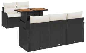 6 részes kerti kanapé szett párnákkal fekete poli rattan akáciából, 2 személyes kerti kanapé párnákkal fekete poli rattan