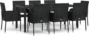 vidaXL 9 részes fekete polyrattan kerti étkezőgarnitúra párnákkal