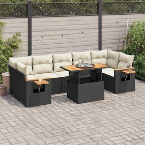 8 részes fekete polyrattan akácfa kerti ülőgarnitúra párnákkal