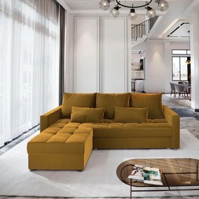 AKCIÓ Mustár színű kihúzható sarokkanapé ZENOVA 220x140 cm, kétoldalas II. osztály