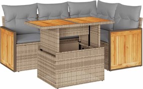 vidaXL 5 részes bézs polyrattan és akácfa kerti ülőgarnitúra párnákkal