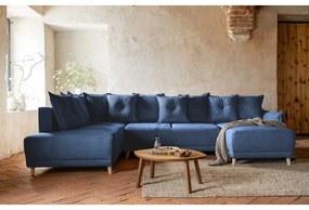 Sötétkék kordbársony kinyitható sarokkanapé (bal oldali-U alakú) Lazy Lukka – Miuform