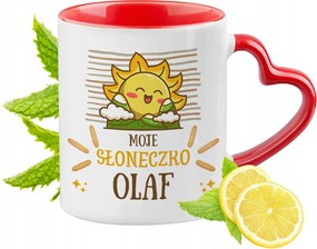 Piros bögre szív alakú füllel Olafnak Ajándék