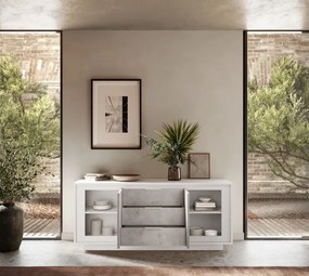 SKY 2.0 komód 2 ajtóval és 3 fiókkal, fehér matt lakkozott vázzal és betonhatású laminált előlapokkal