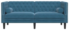 2 személyes kék bársony Chesterfield kanapé hengerpárnákkal