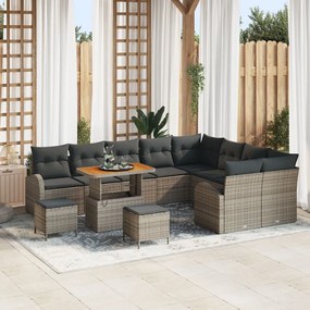 12 Darabos Kerti Kanapé Szett Párnákkal Szürke Poly Rattan Akác, 3 Darabos Kerti Étkező Szett Párnákkal Szürke Poly Rattan Akác, Kétfős Kerti Kanapé Párnákkal Szürke Poly Rattan