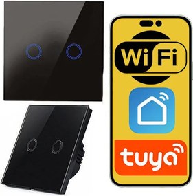 Érintőkapcsoló Wifi üveg Tuya fekete 2 csatorna Smart dupla led