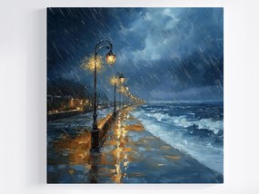 Vászonkép Canvas Tenger Tengerpart Sétány Eső Vihar Hullámok Éjszaka 40x40