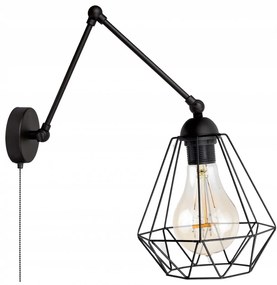 Glimex Diamond drót búrás hosszú karos állítható fekete fali lámpa kapcsolóval 1x E27