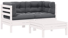 vidaXL 3 részes fehér tömör fenyőfa kerti ülőgarnitúra párnákkal